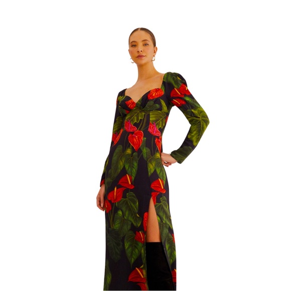 NWT 🏷️ Farm Rio Black Anthurium Slit Midi Dress🌺🦜 - Picture 3 of 6